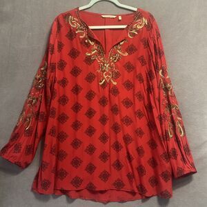 Soft Surroundings‎ Tunic Top Plus Size1X Red Beaded Embroidered Geometric Global